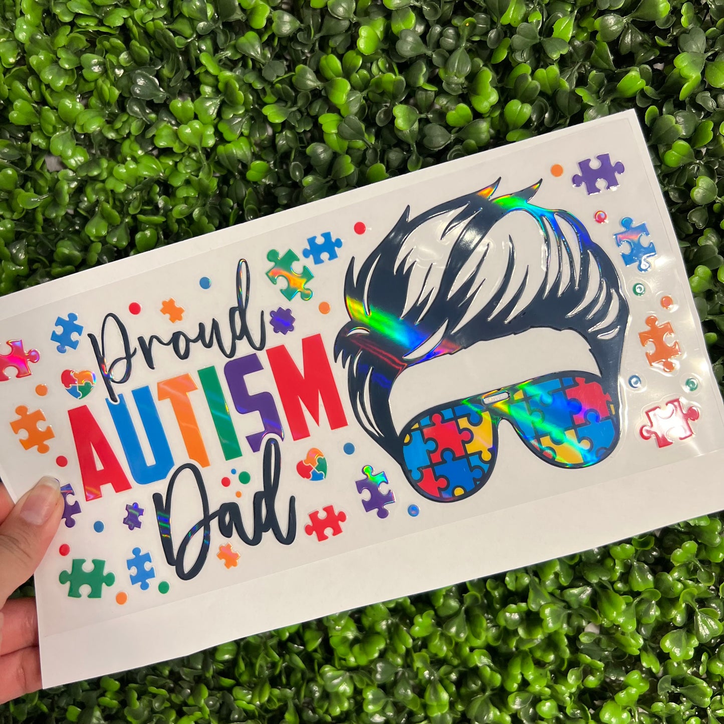 #257 Autism Dad Puzzle Pieces Holographic UVDTF WRAPS
