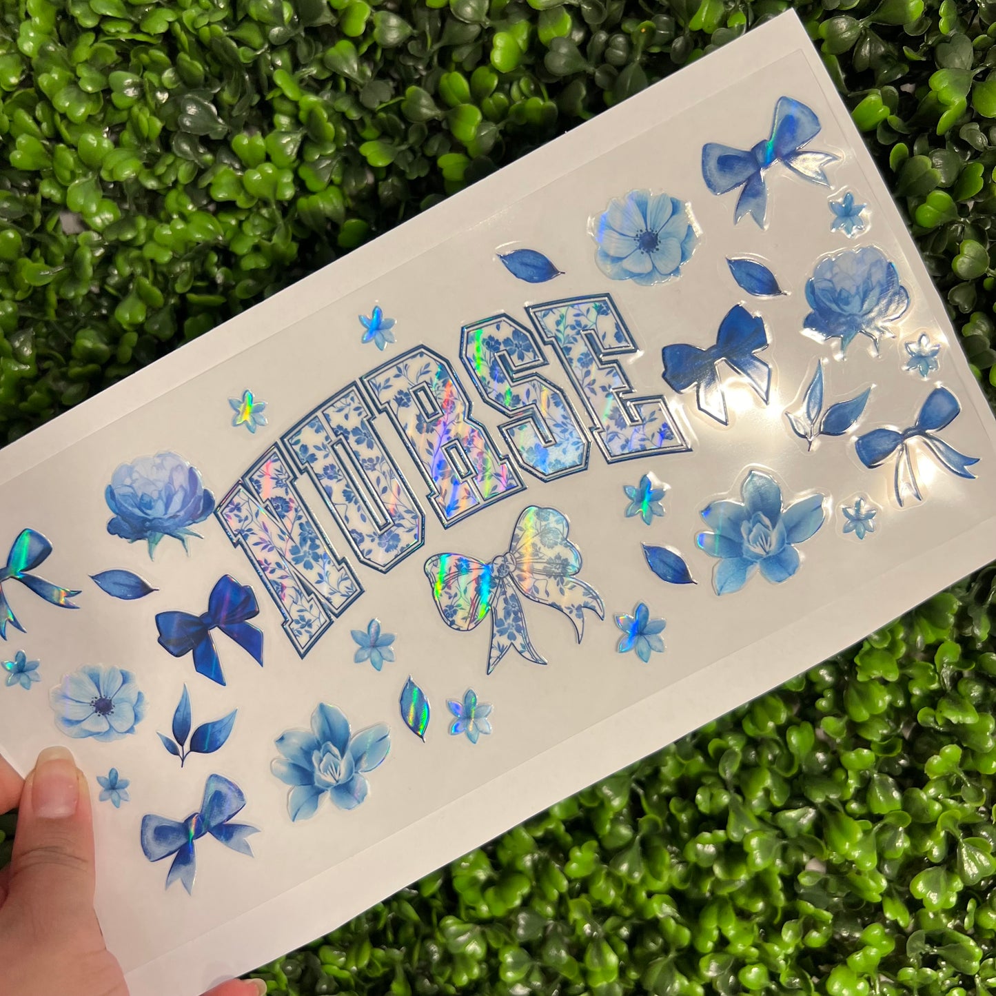 #274 Nurse Healthcare Blue Floral Bows Holographic UVDTF WRAPS
