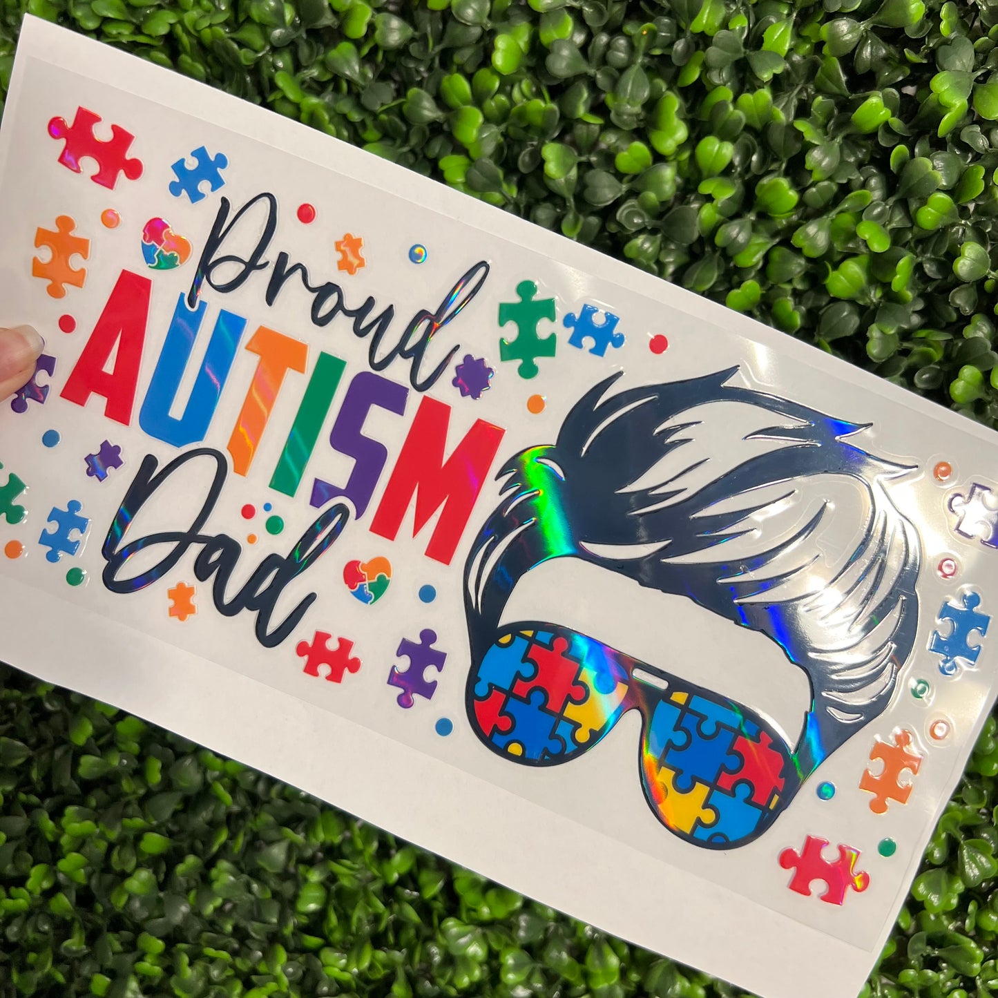 #257 Autism Dad Puzzle Pieces Holographic UVDTF WRAPS