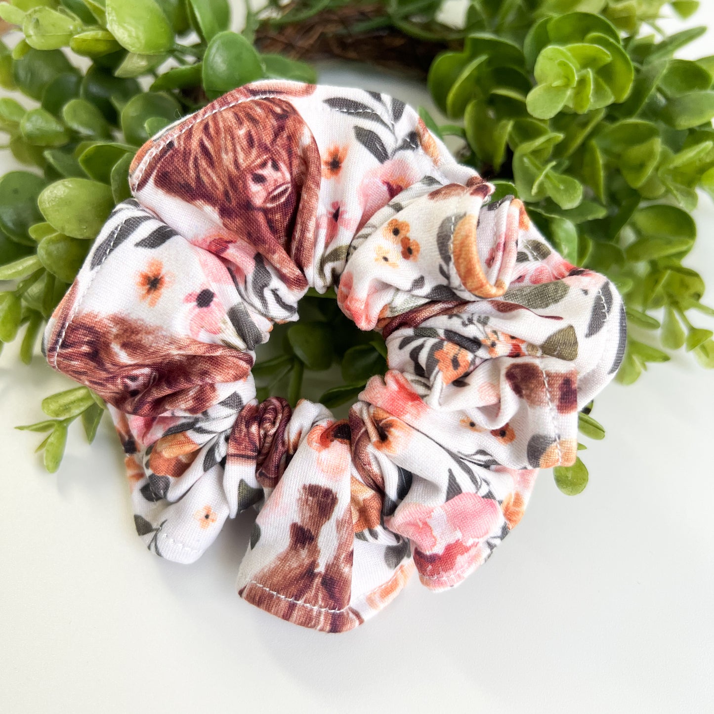Floral Highland Cow Scrunchies