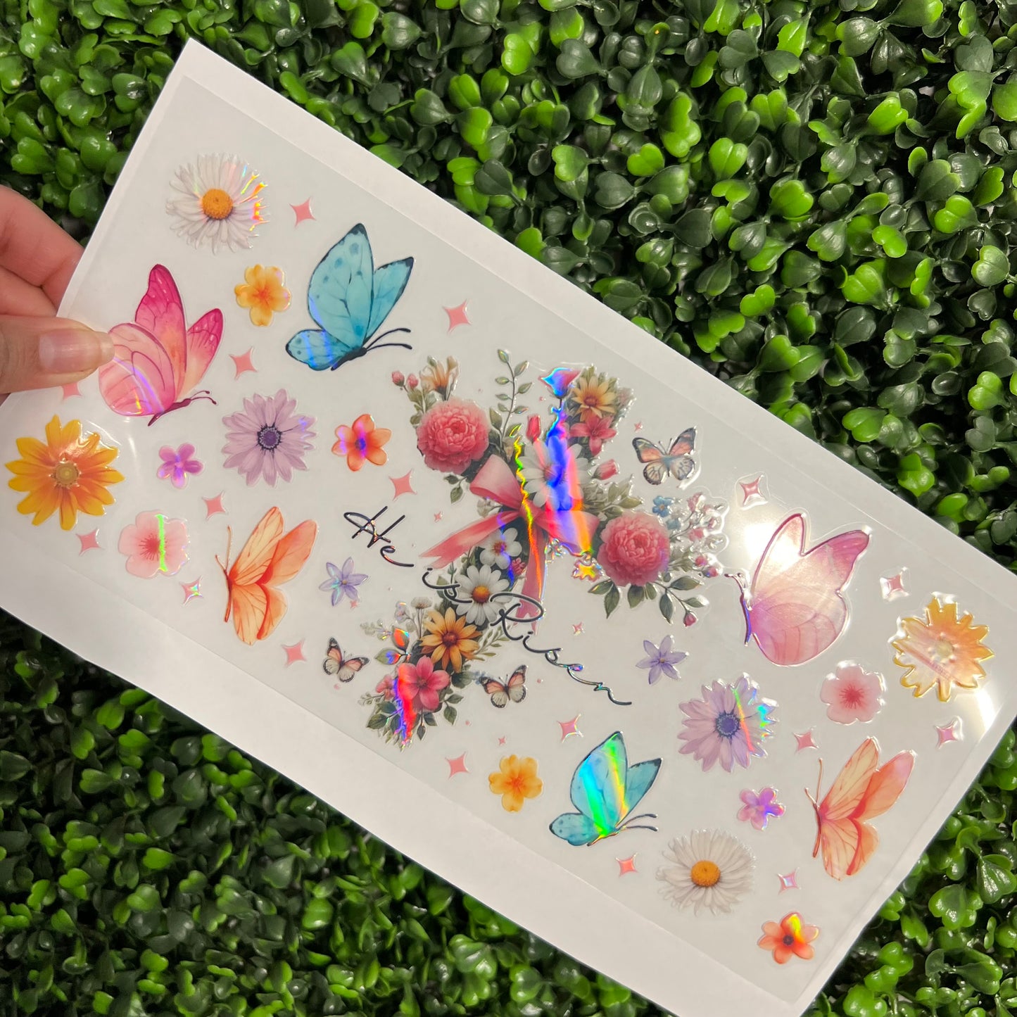#269 He is Risen Faith Floral Butterflies Holographic UVDTF WRAPS