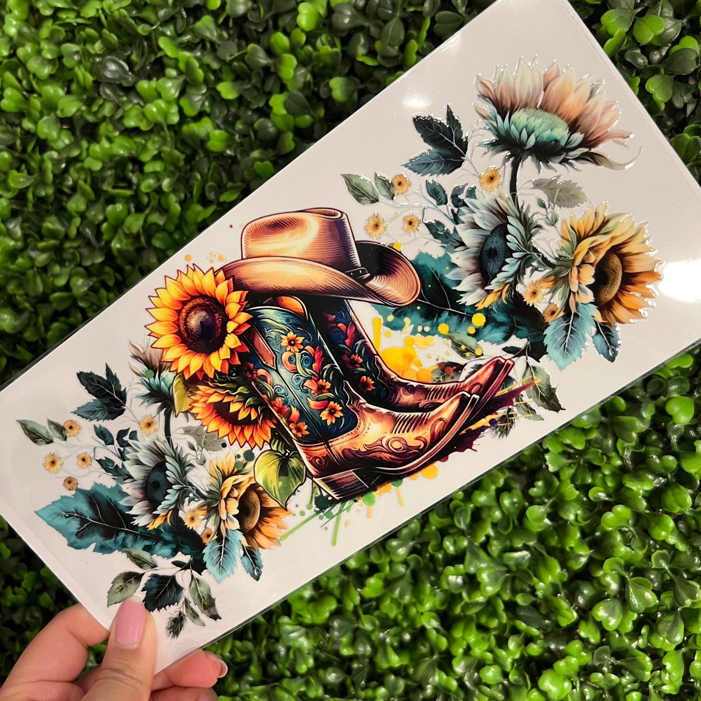 P7 Green Boots and Sunflowers Single Sided UVDTF WRAPS