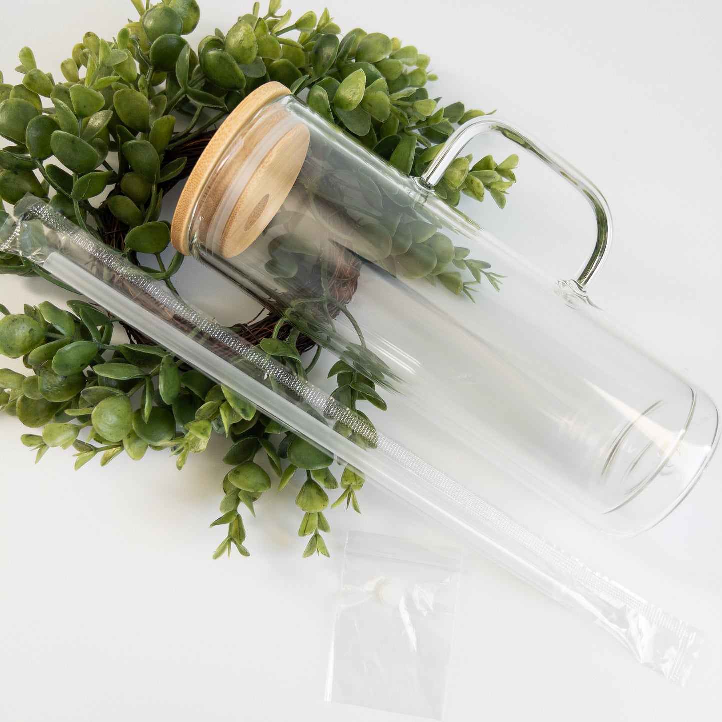 20 Ounce Pre Drilled Glass Snow Globe Mug Blanks with Bamboo Lid and Hard Plastic Straw