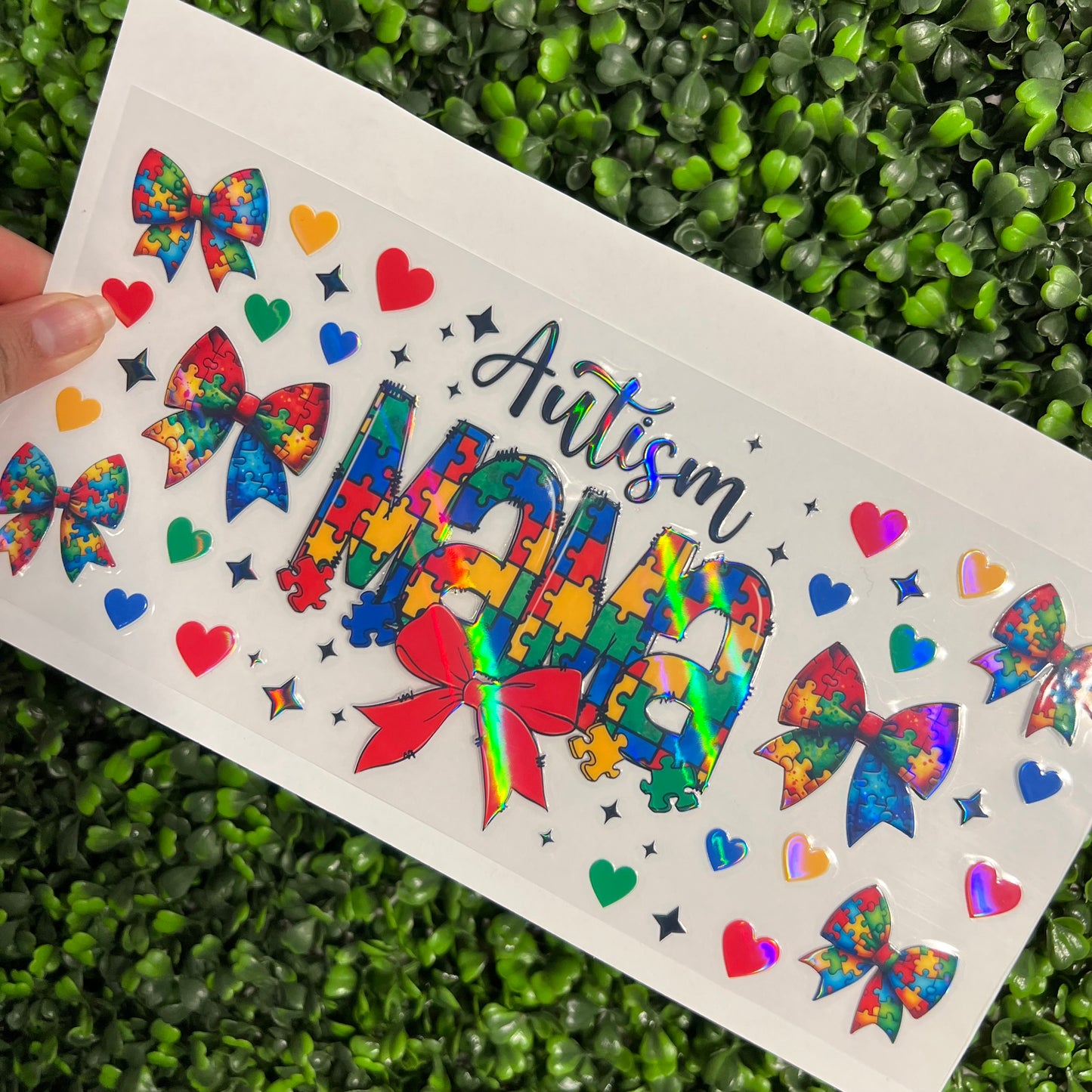 #254 Autism Mama Puzzle Bows Holographic UVDTF WRAPS