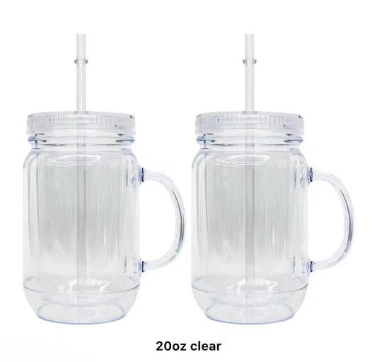20 oz Acrylic Mason Mug with handle with Lids and Plastic Straw Cup Blanks PRE-DRILLED