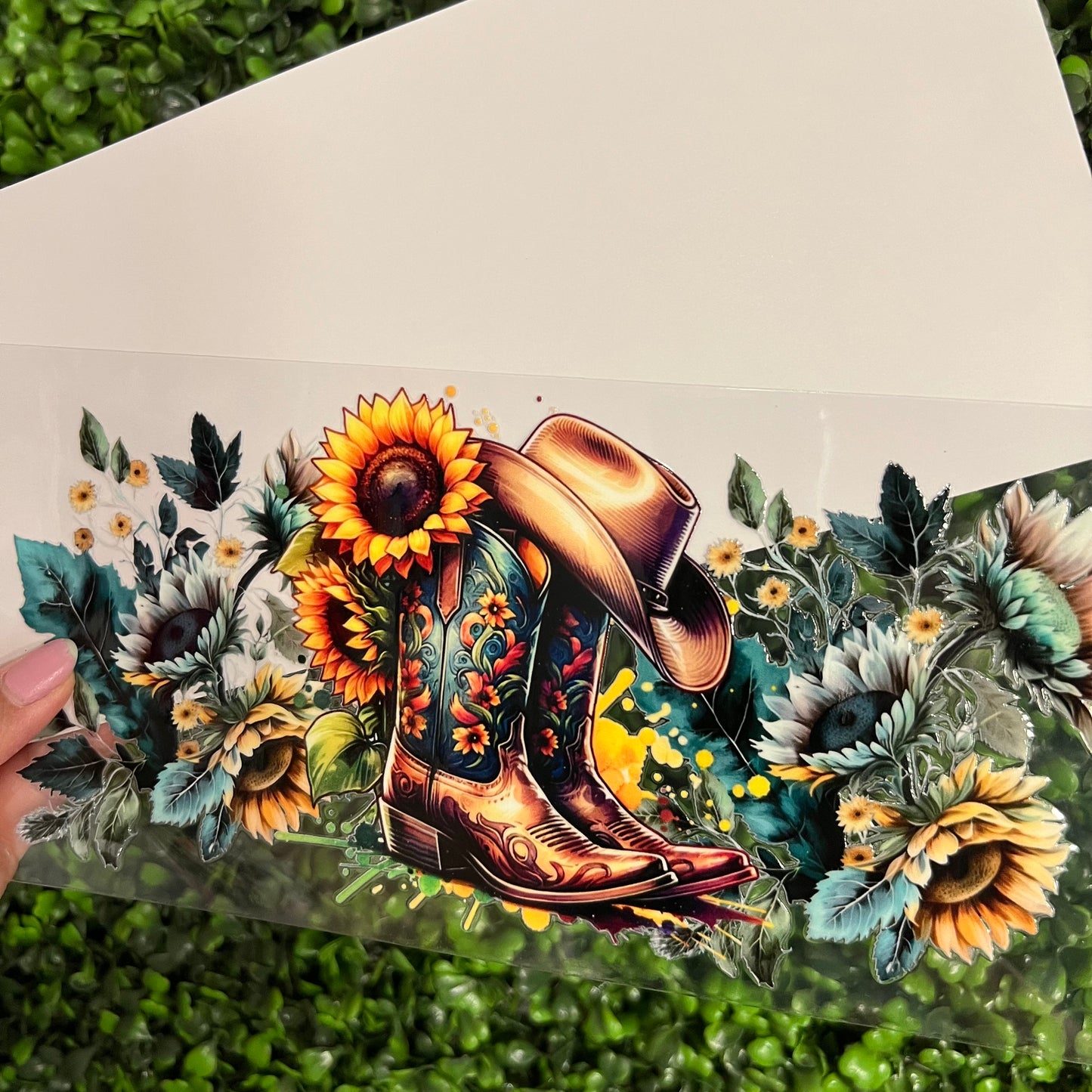 P7 Green Boots and Sunflowers Single Sided UVDTF WRAPS