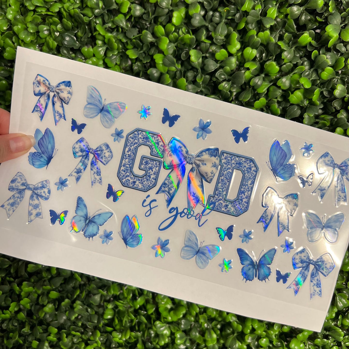 #271 God is Good Blue Floral Bows Faith Holographic UVDTF WRAPS