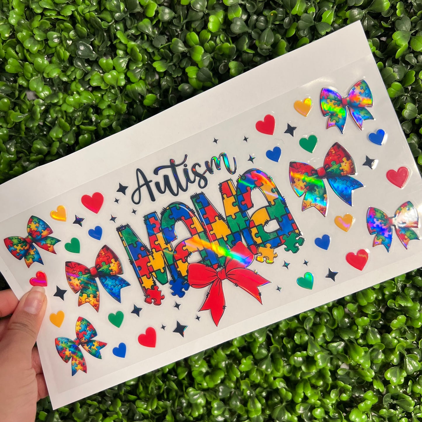 #254 Autism Mama Puzzle Bows Holographic UVDTF WRAPS
