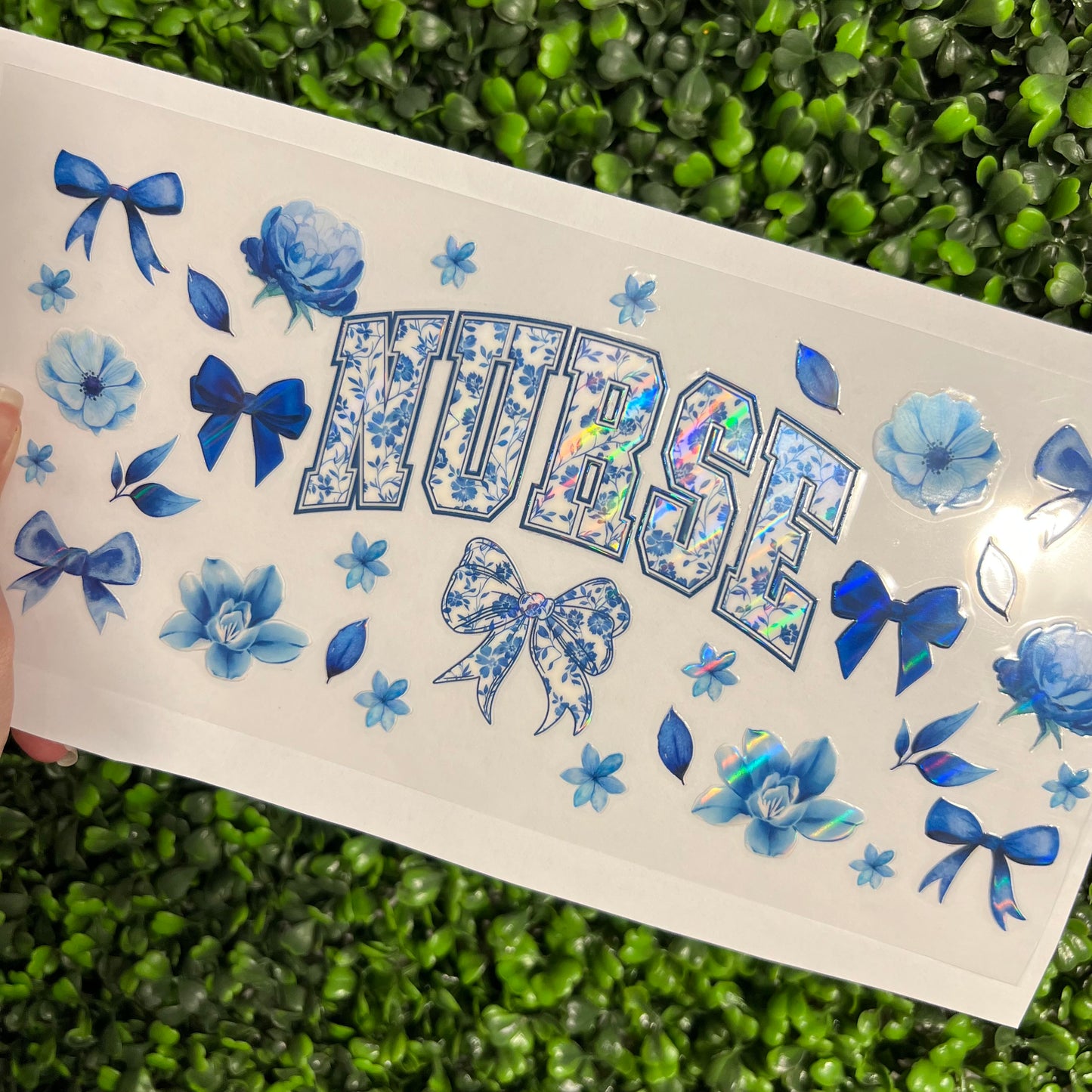 #274 Nurse Healthcare Blue Floral Bows Holographic UVDTF WRAPS