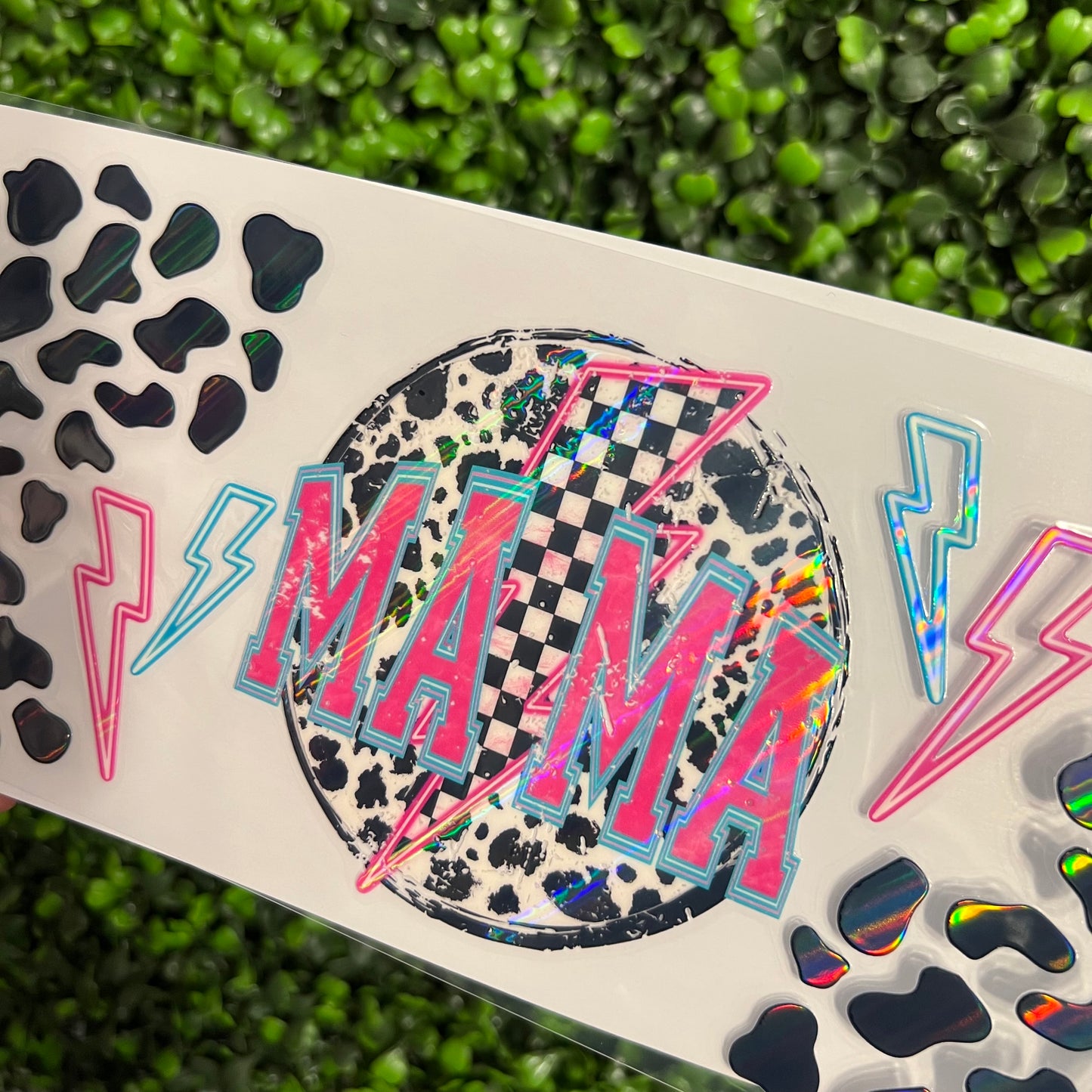 A13 Mama Cow Print Lightning bolts Holographic UVDTF WRAPS