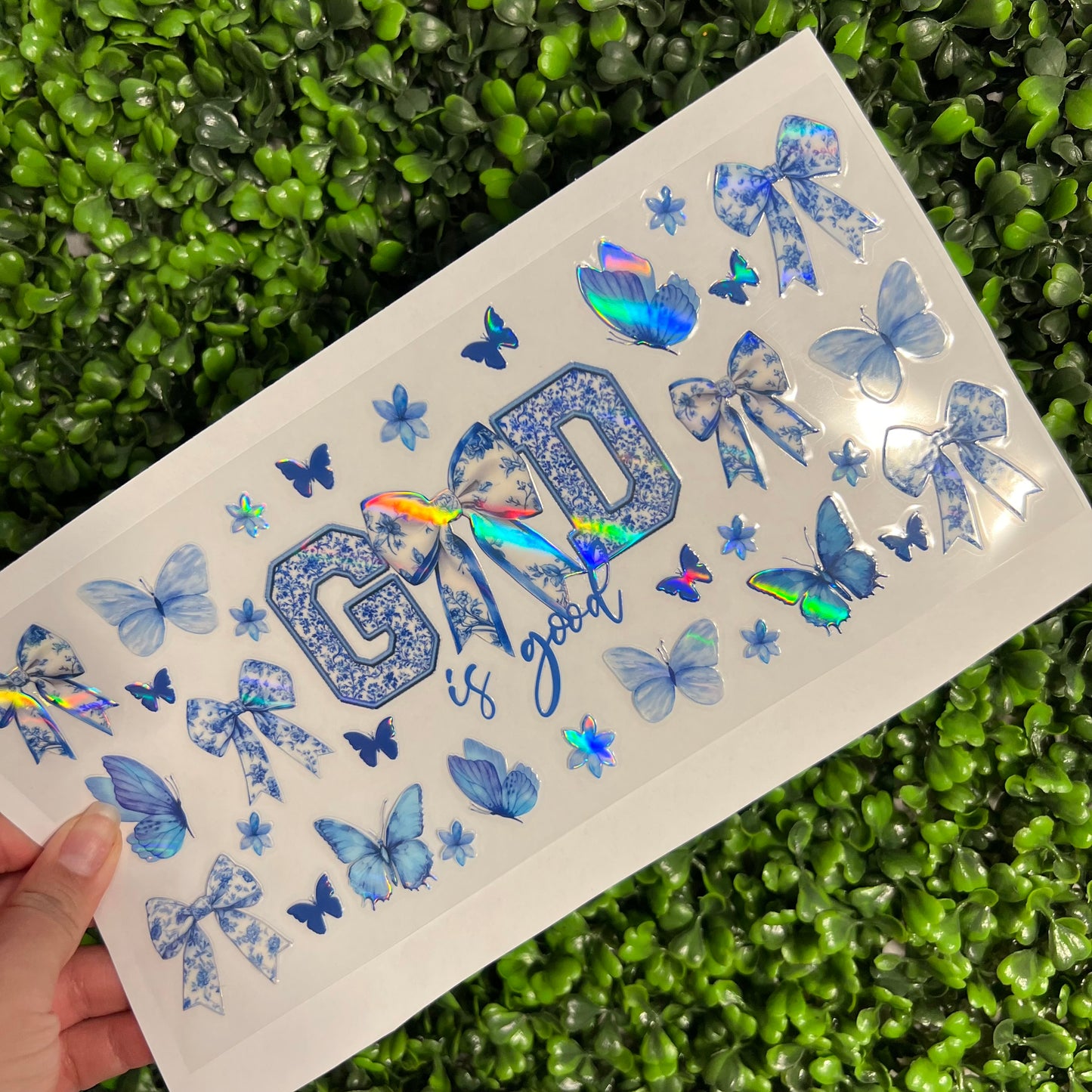 #271 God is Good Blue Floral Bows Faith Holographic UVDTF WRAPS