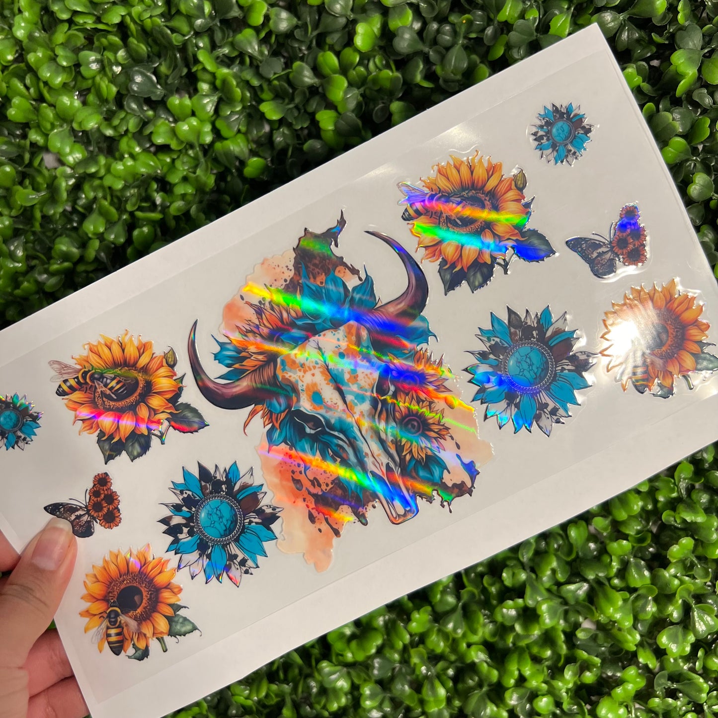 #293 Western Skull Sunflowers Holographic UVDTF WRAPS