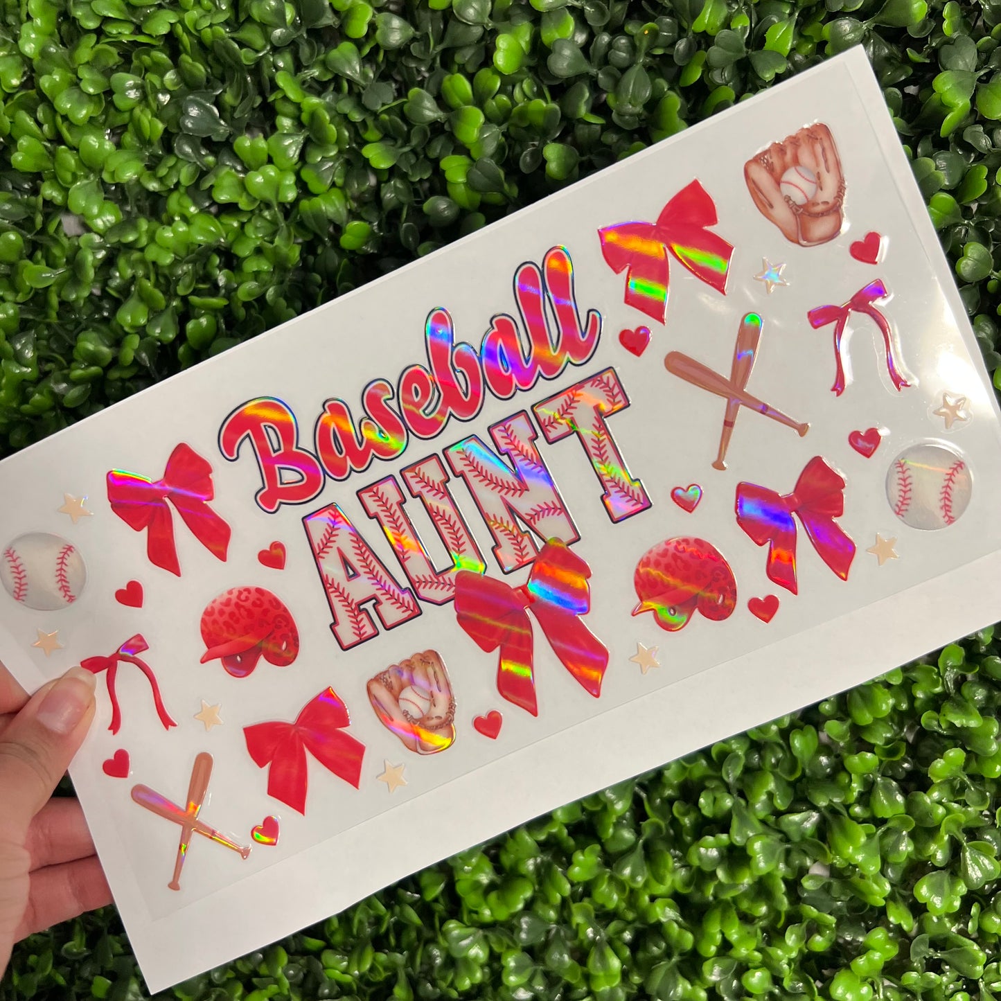 #265 Baseball Aunt Red Bows Holographic UVDTF WRAPS