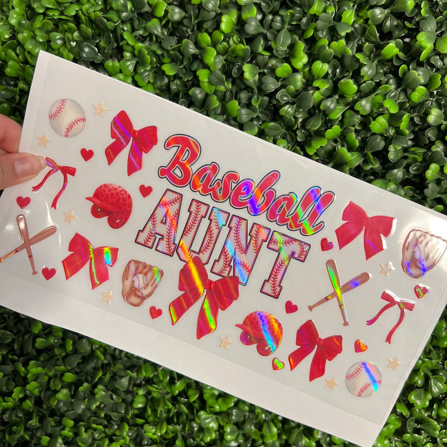#265 Baseball Aunt Red Bows Holographic UVDTF WRAPS