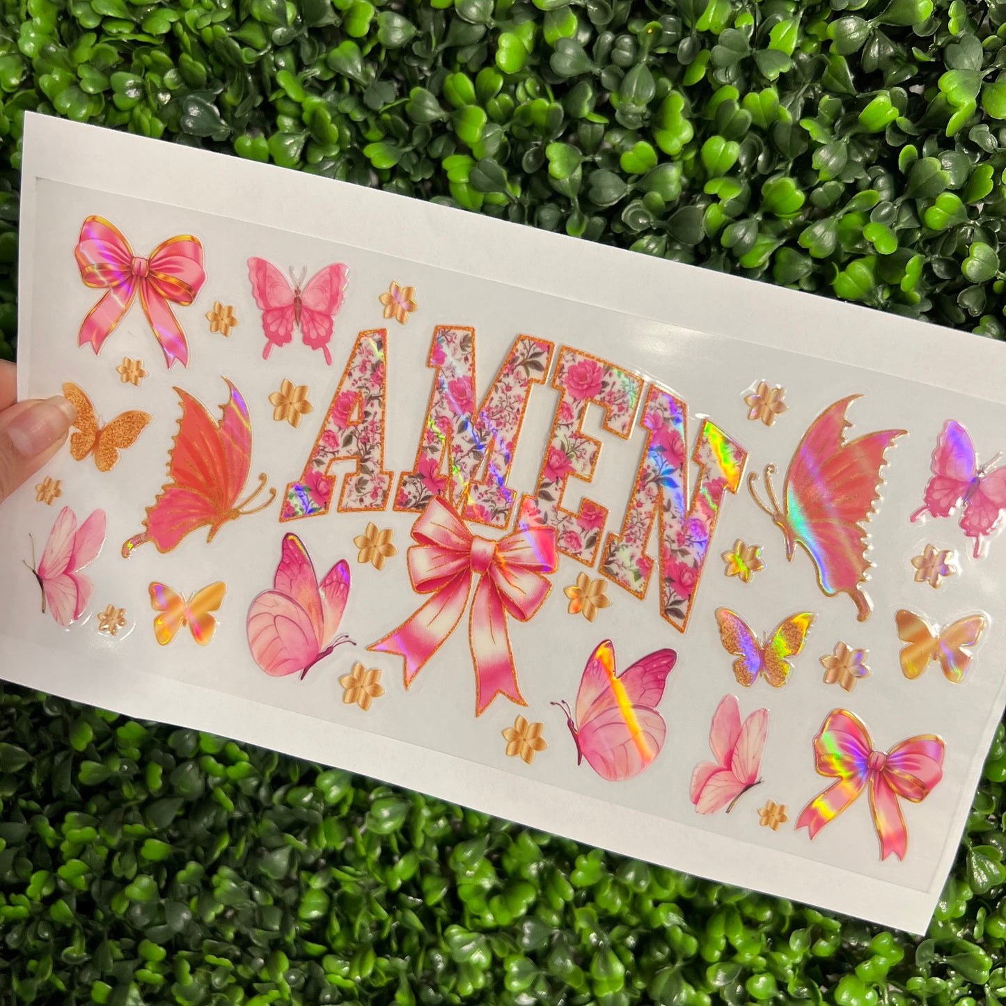 #272 Amen Gold and Pink Floral Bows Faith Holographic UVDTF WRAPS