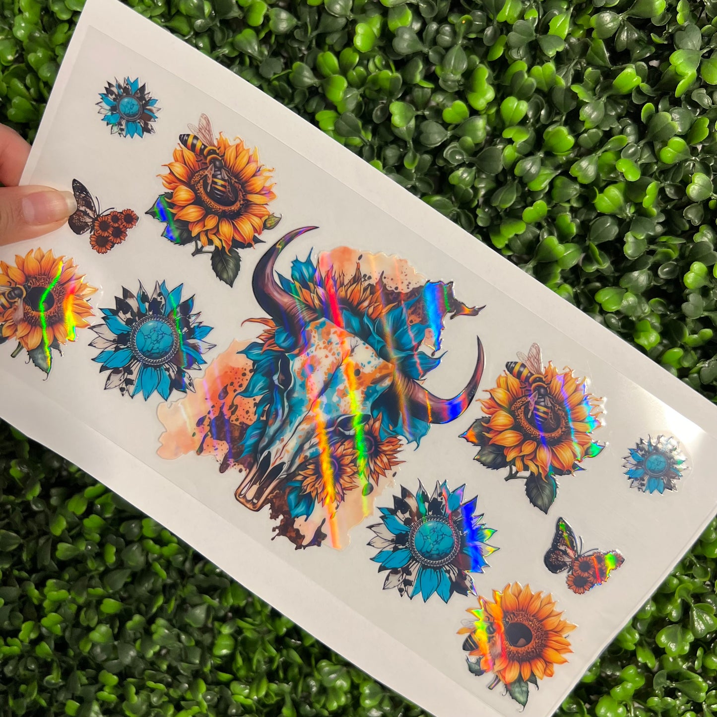 #293 Western Skull Sunflowers Holographic UVDTF WRAPS