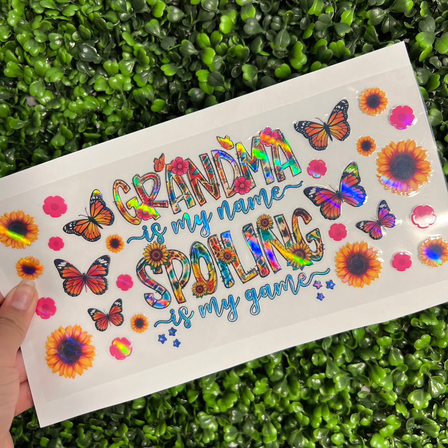 #247 Grandma is my Name Floral Butterflies Holographic UVDTF WRAPS