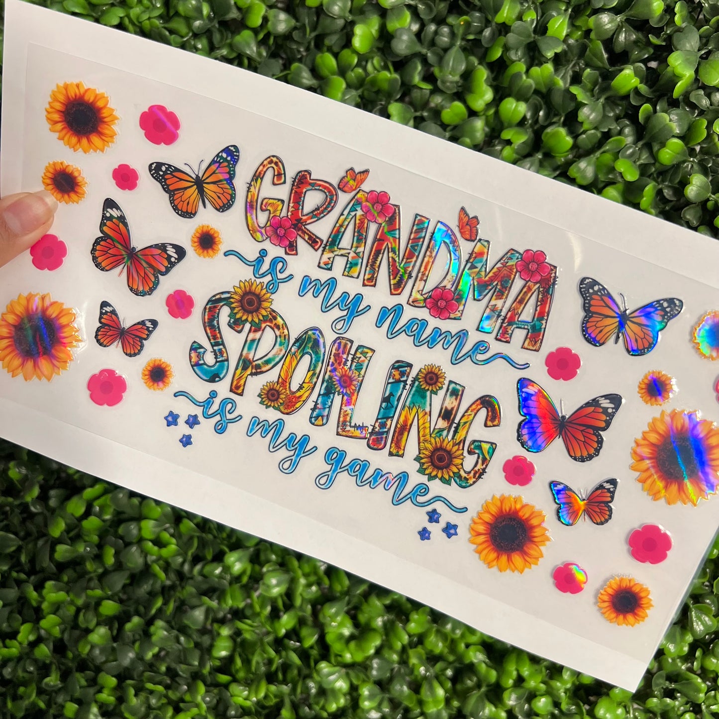 #247 Grandma is my Name Floral Butterflies Holographic UVDTF WRAPS
