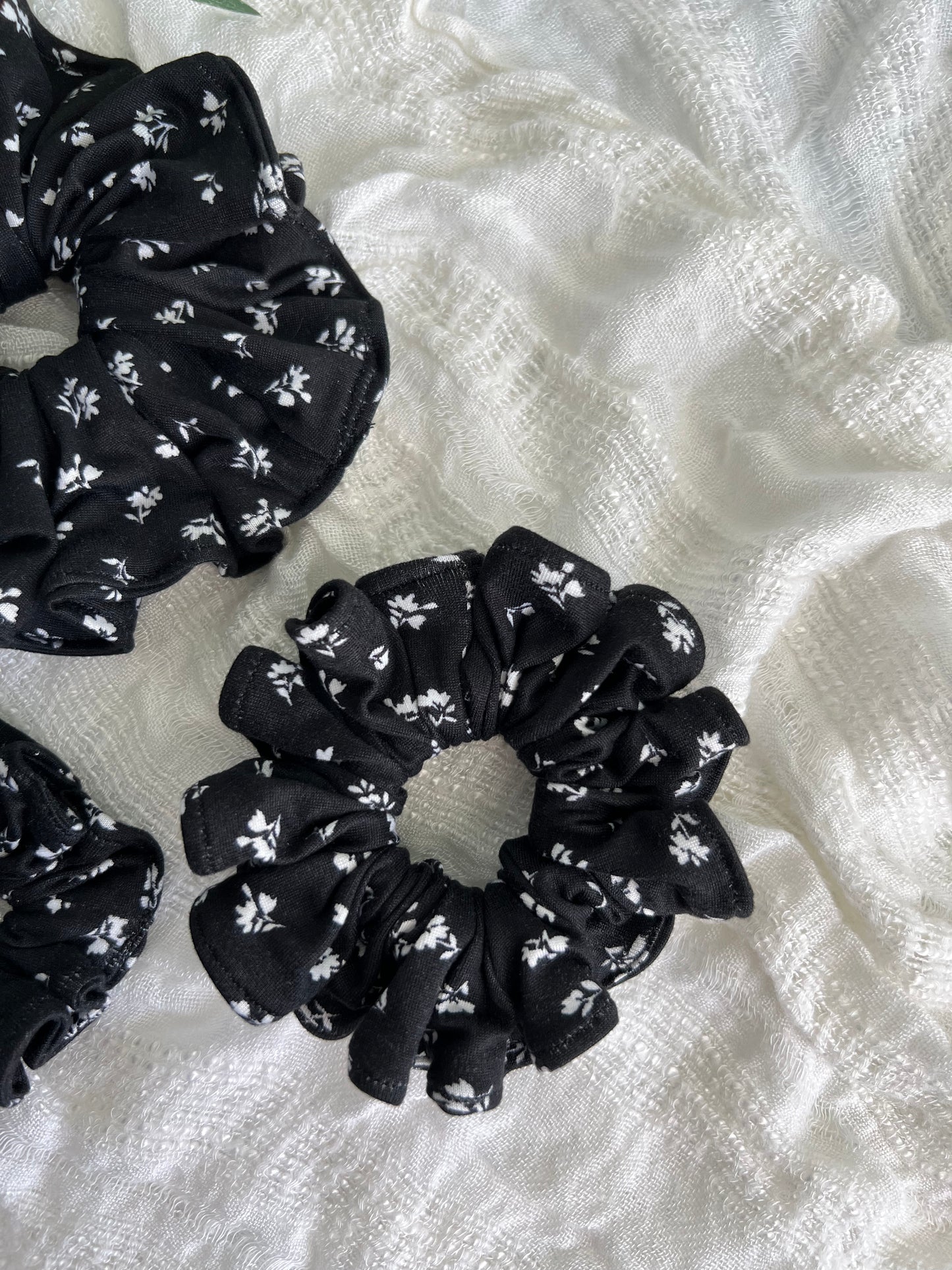 White Floral on Black Scrunchies