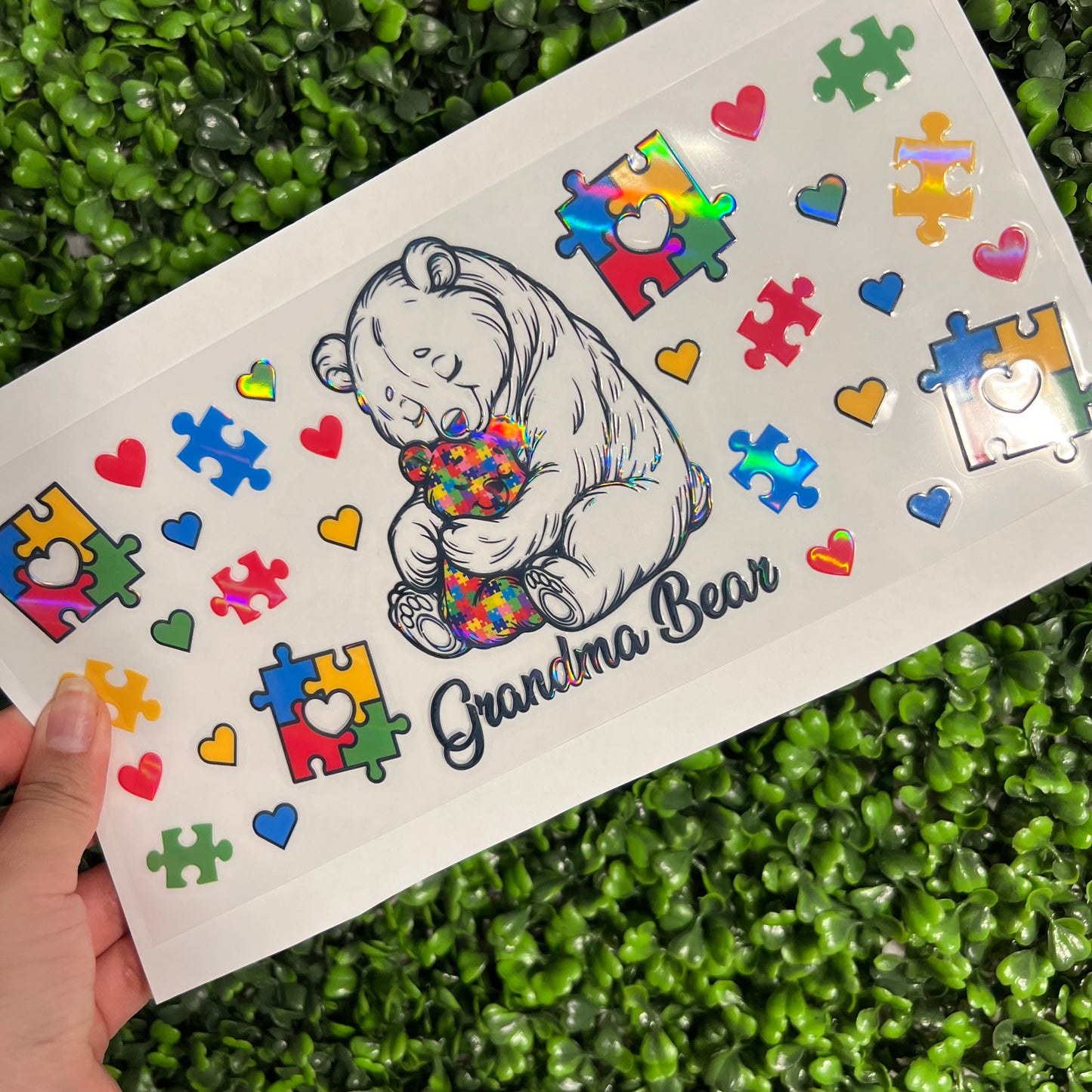 #259 Grandma Bear Autism Awareness Holographic UVDTF WRAPS