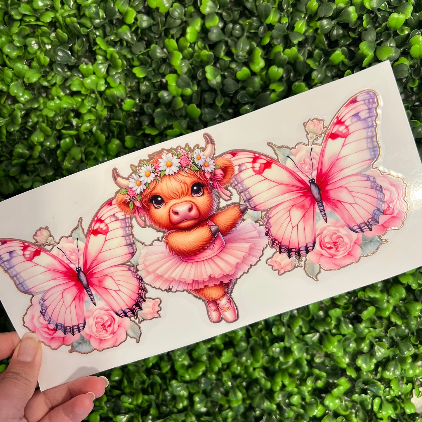 #4 Cow with Tutu and Pink Butterflies Rosegold Holographic UVDTF WRAPS