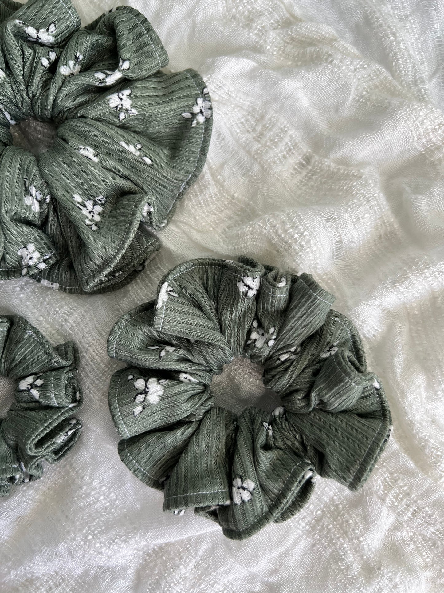 White Flowers on Green Scrunchies