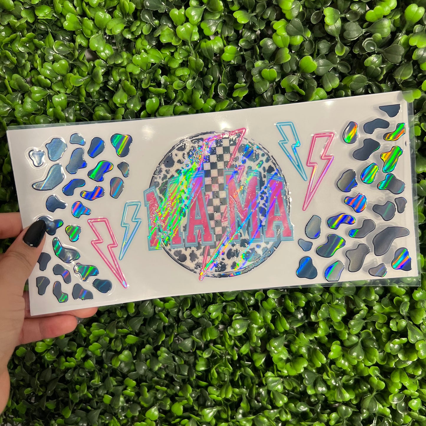 A13 Mama Cow Print Lightning bolts Holographic UVDTF WRAPS