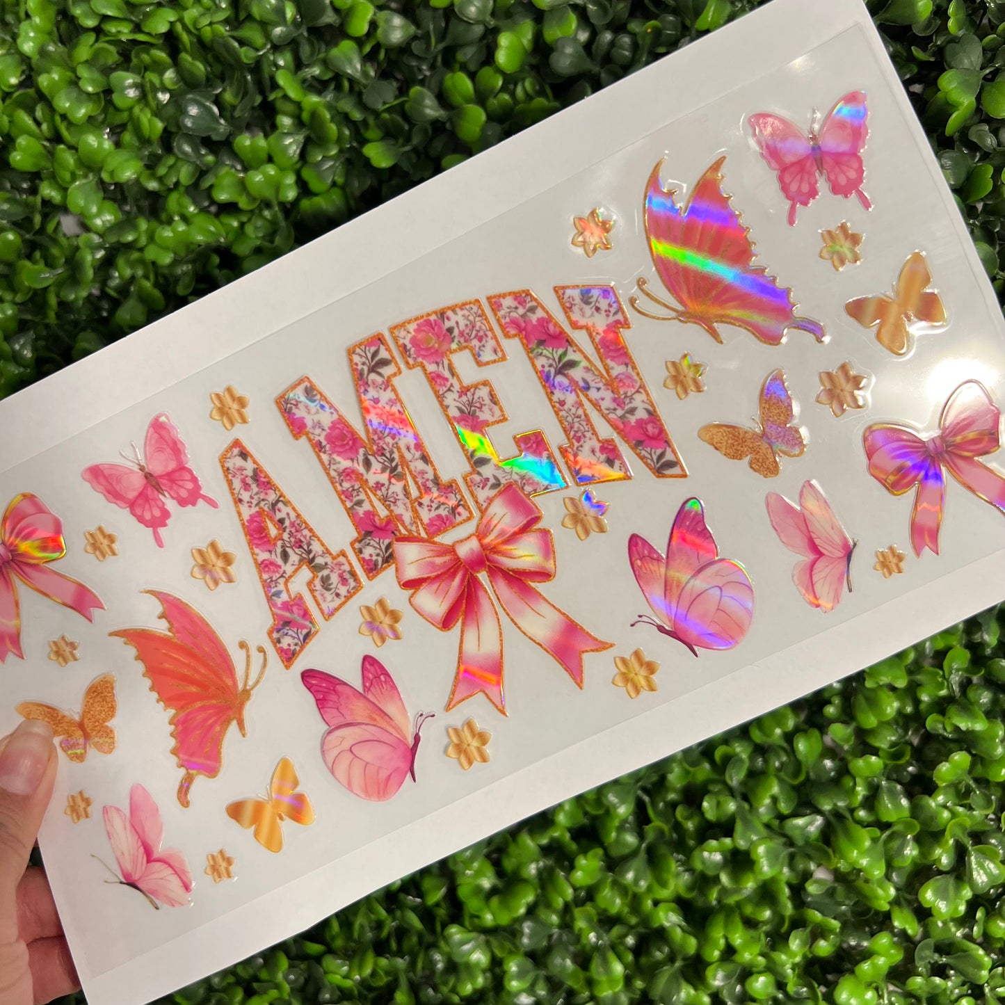 #272 Amen Gold and Pink Floral Bows Faith Holographic UVDTF WRAPS