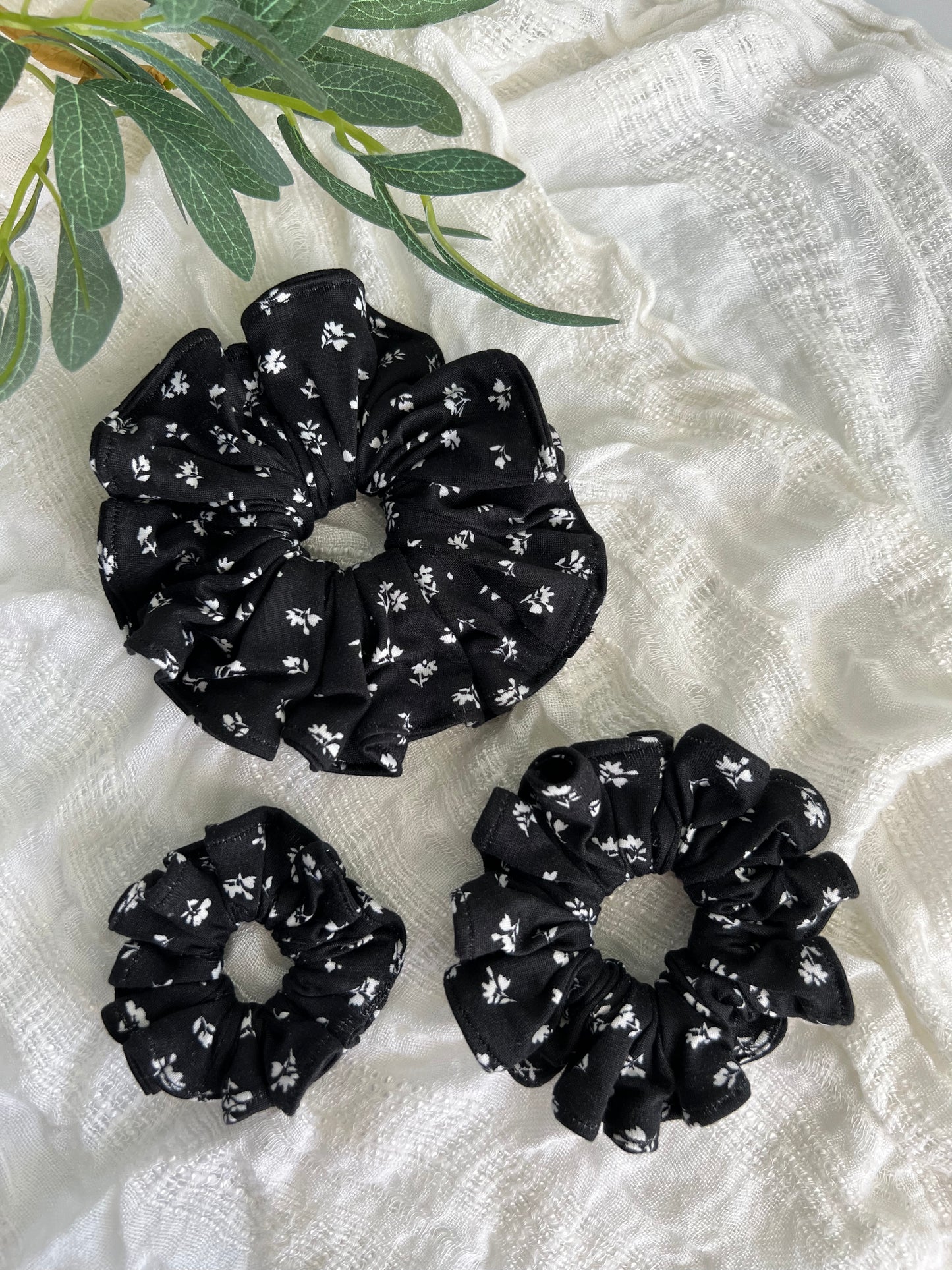 White Floral on Black Scrunchies