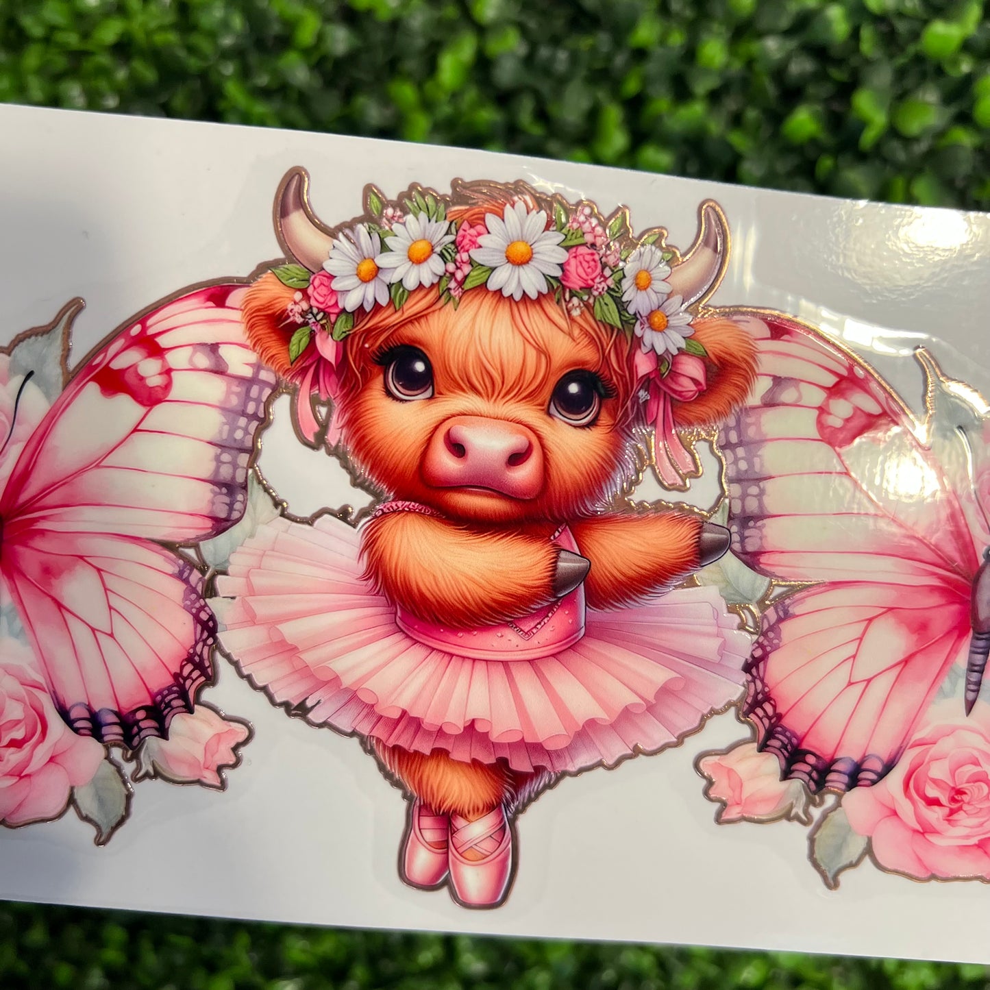 #4 Cow with Tutu and Pink Butterflies Rosegold Holographic UVDTF WRAPS