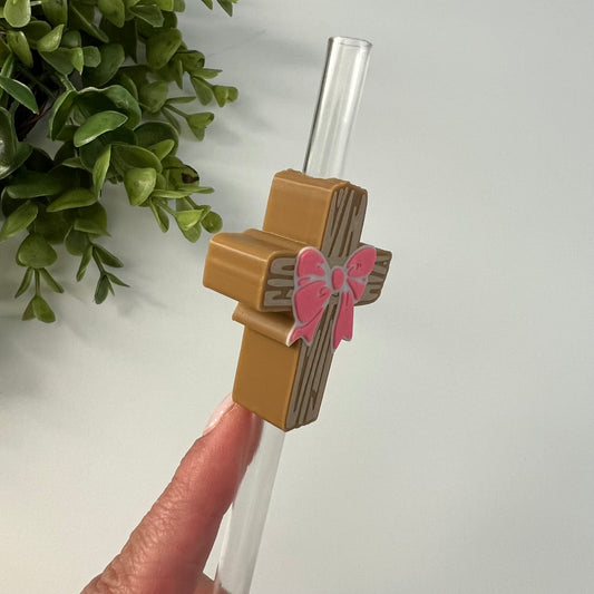 Cross with Bow Straw Topper