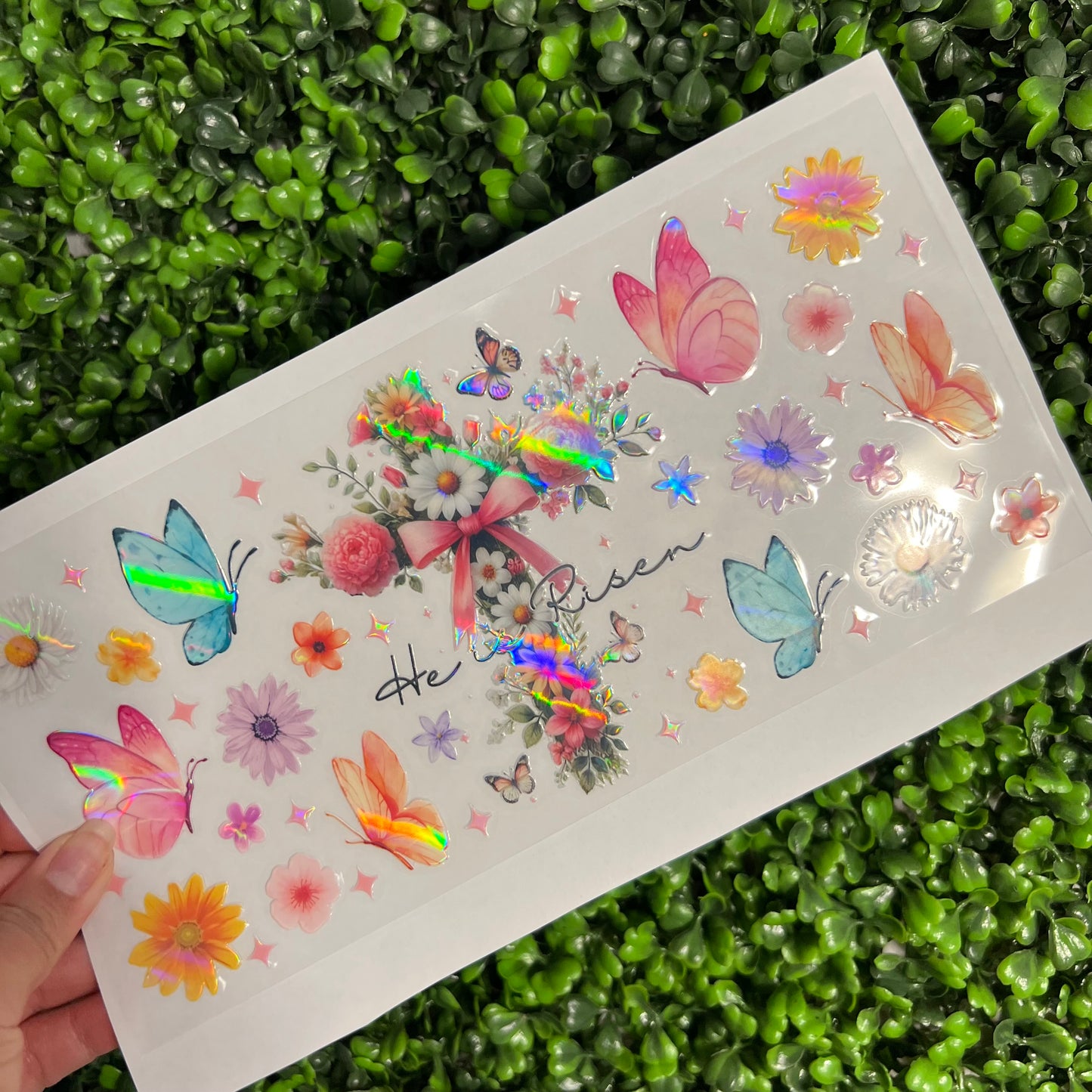 #269 He is Risen Faith Floral Butterflies Holographic UVDTF WRAPS