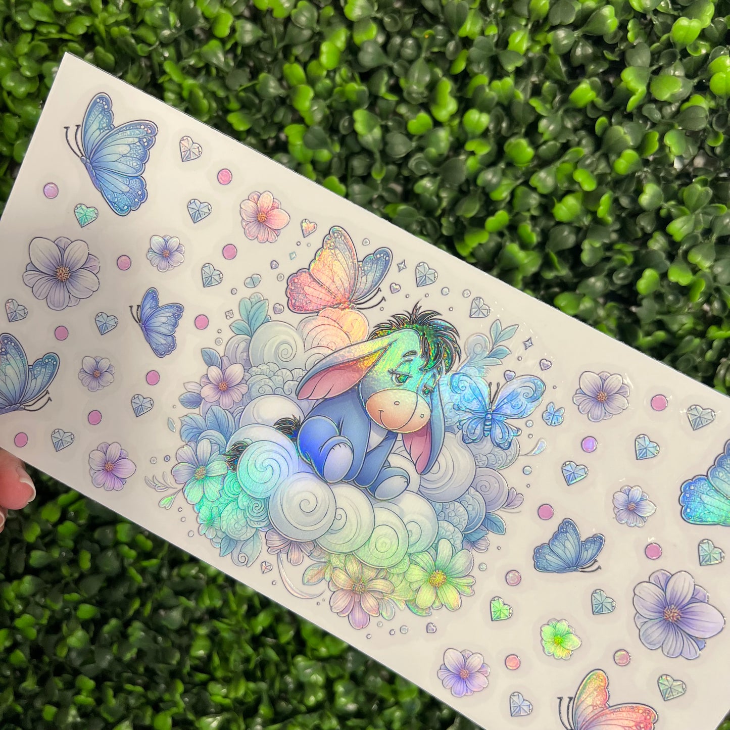 #48 Donkey on Cloud with Blue Butterflies Holographic UVDTF WRAPS