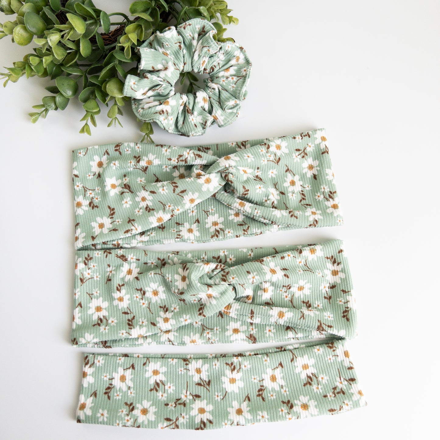 Daisies on Green Turban Headbands