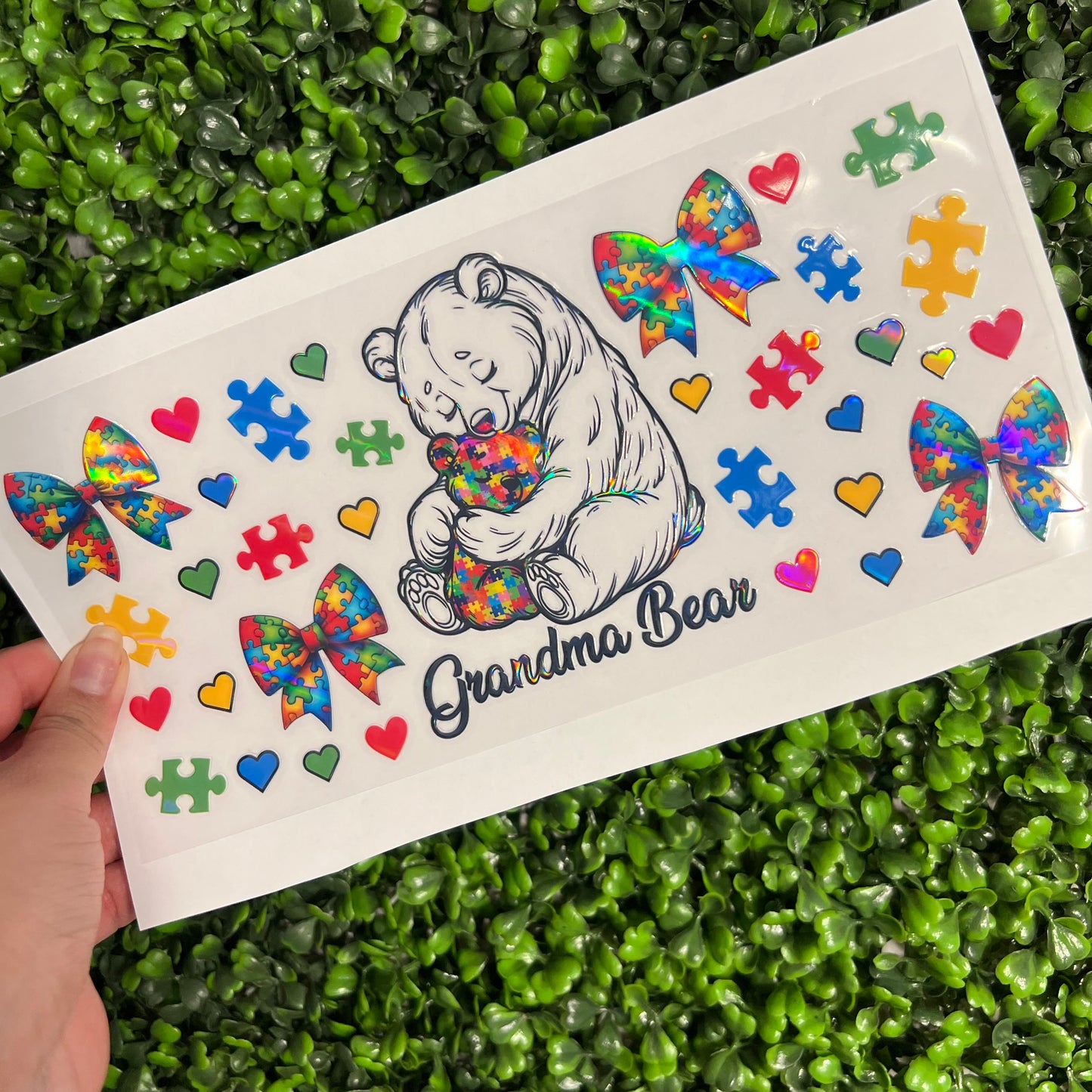 #260 Grandma Bear Puzzle Bows Autism Awareness Holographic UVDTF WRAPS