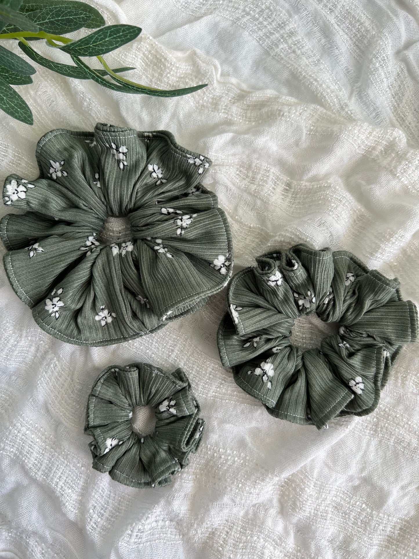 White Flowers on Green Scrunchies