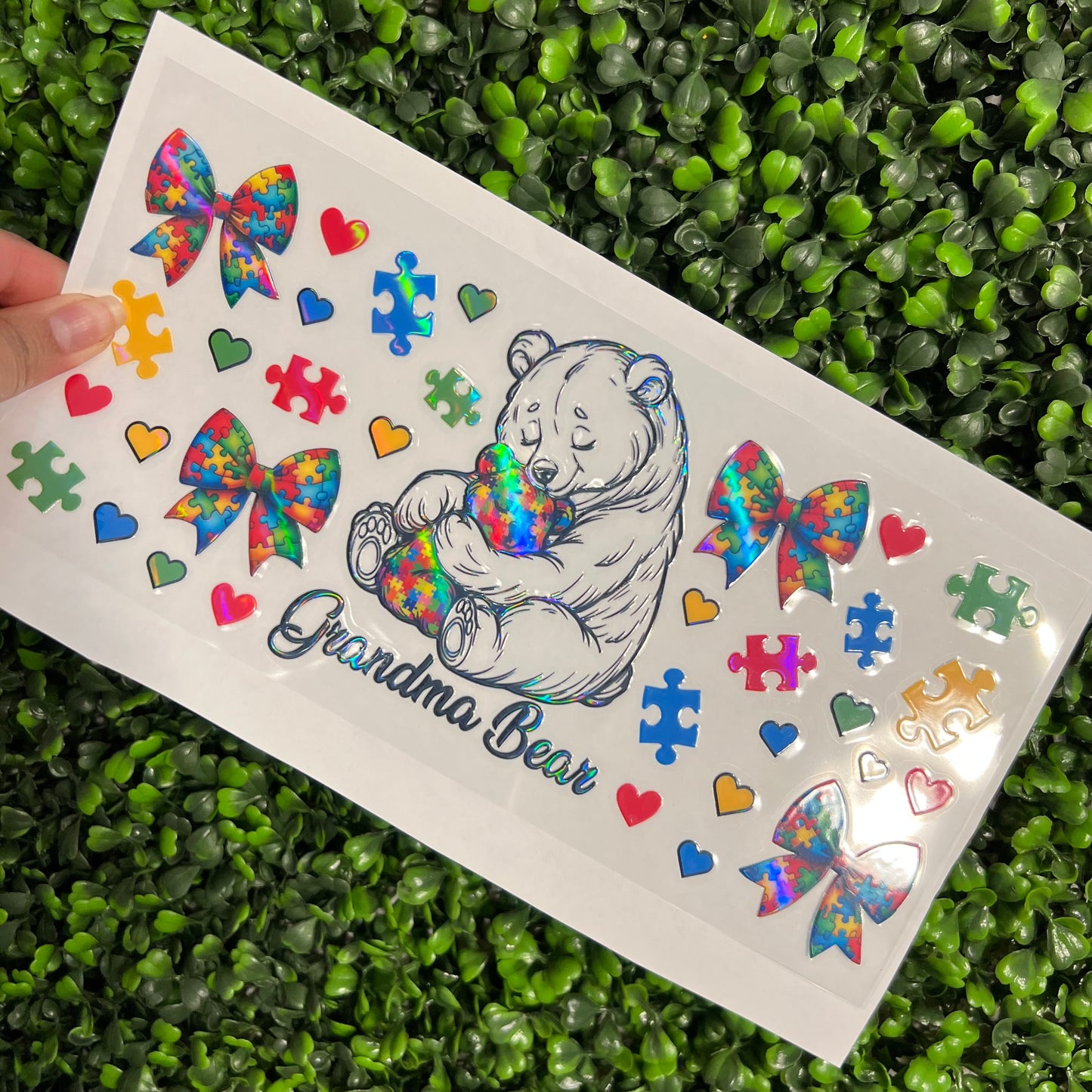 #260 Grandma Bear Puzzle Bows Autism Awareness Holographic UVDTF WRAPS