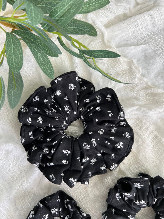 White Floral on Black Scrunchies