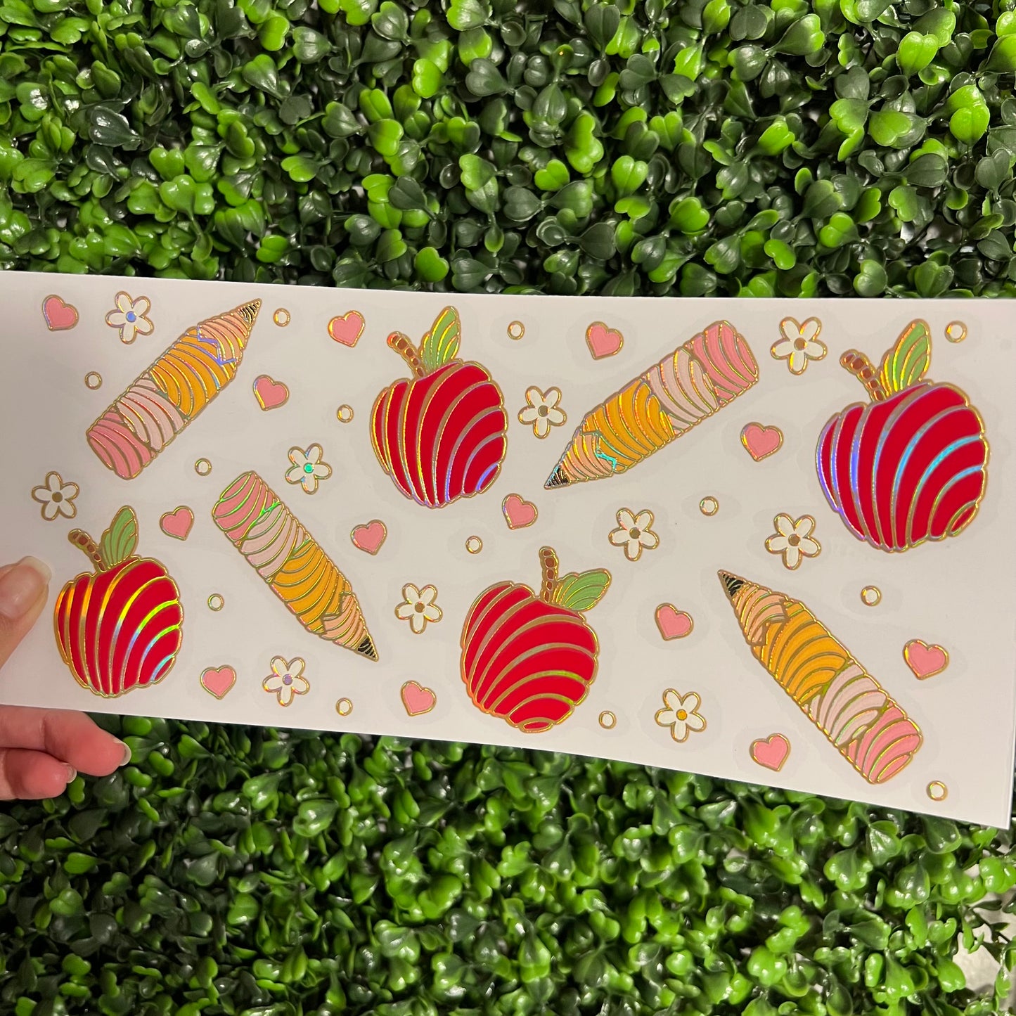 #211 Pencils and Apples Teacher Gold Holographic UVDTF WRAPS