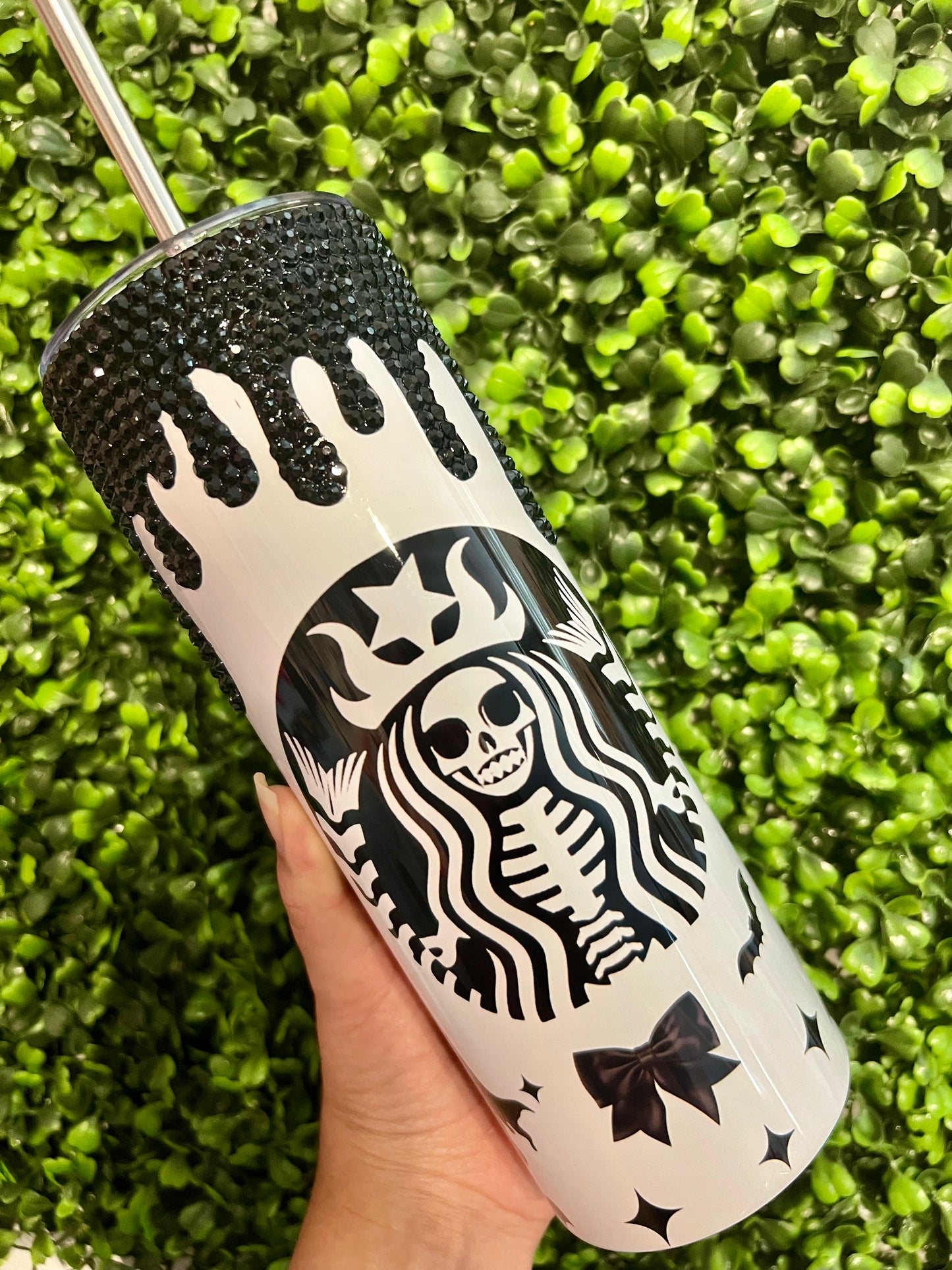 CUSTOM MADE Spooky Coffee with Rhinestone Drip 20 oz Stainless Steel Can with Plastic Lid