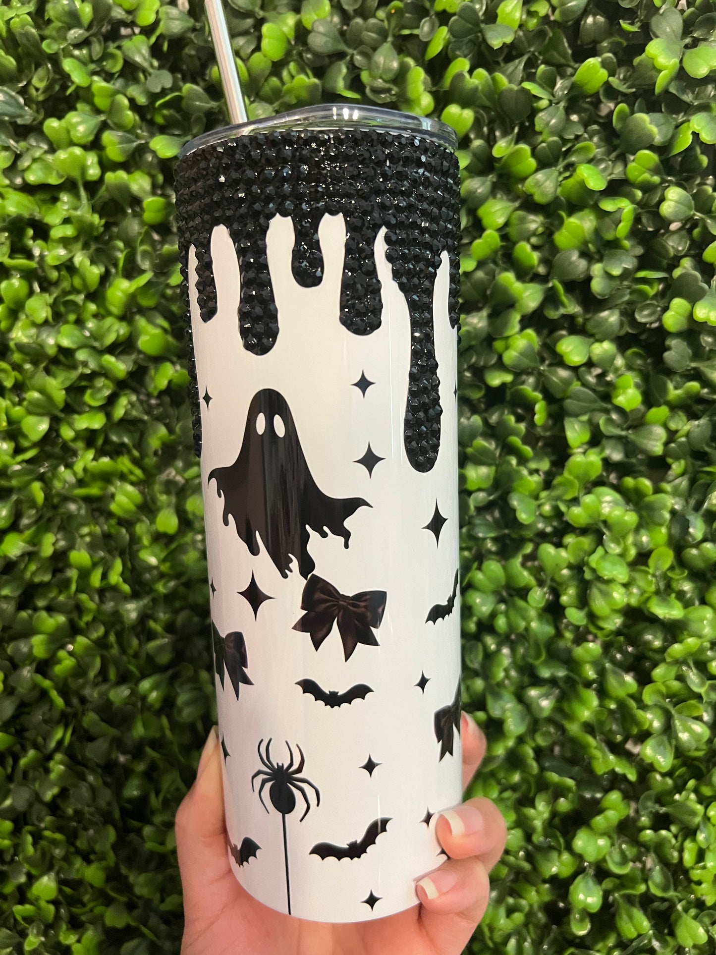 CUSTOM MADE Spooky Coffee with Rhinestone Drip 20 oz Stainless Steel Can with Plastic Lid
