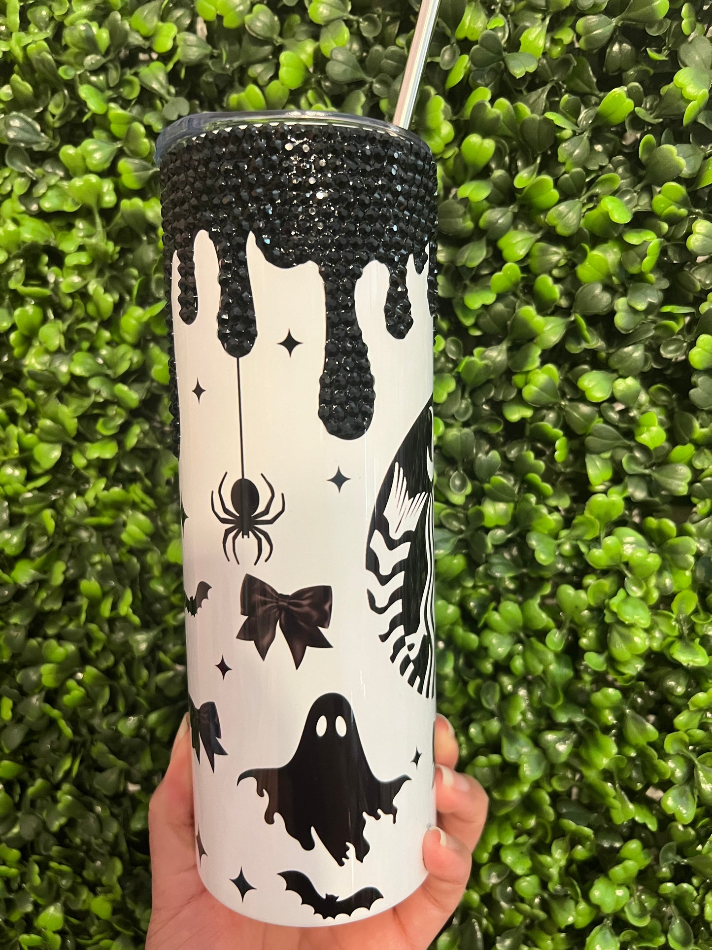 CUSTOM MADE Spooky Coffee with Rhinestone Drip 20 oz Stainless Steel Can with Plastic Lid