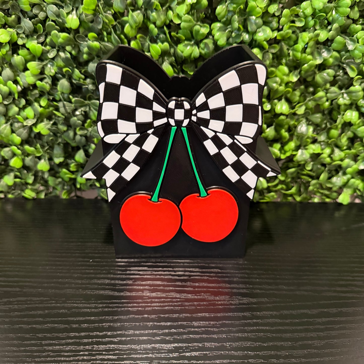 Cherry Checkered Bow Pencil Holder