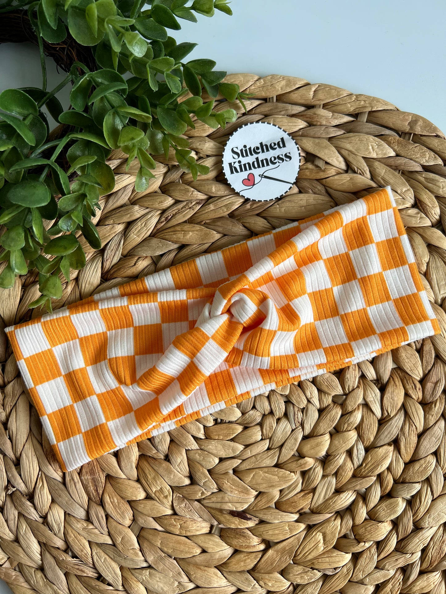 Orange Checkered Turban Headband