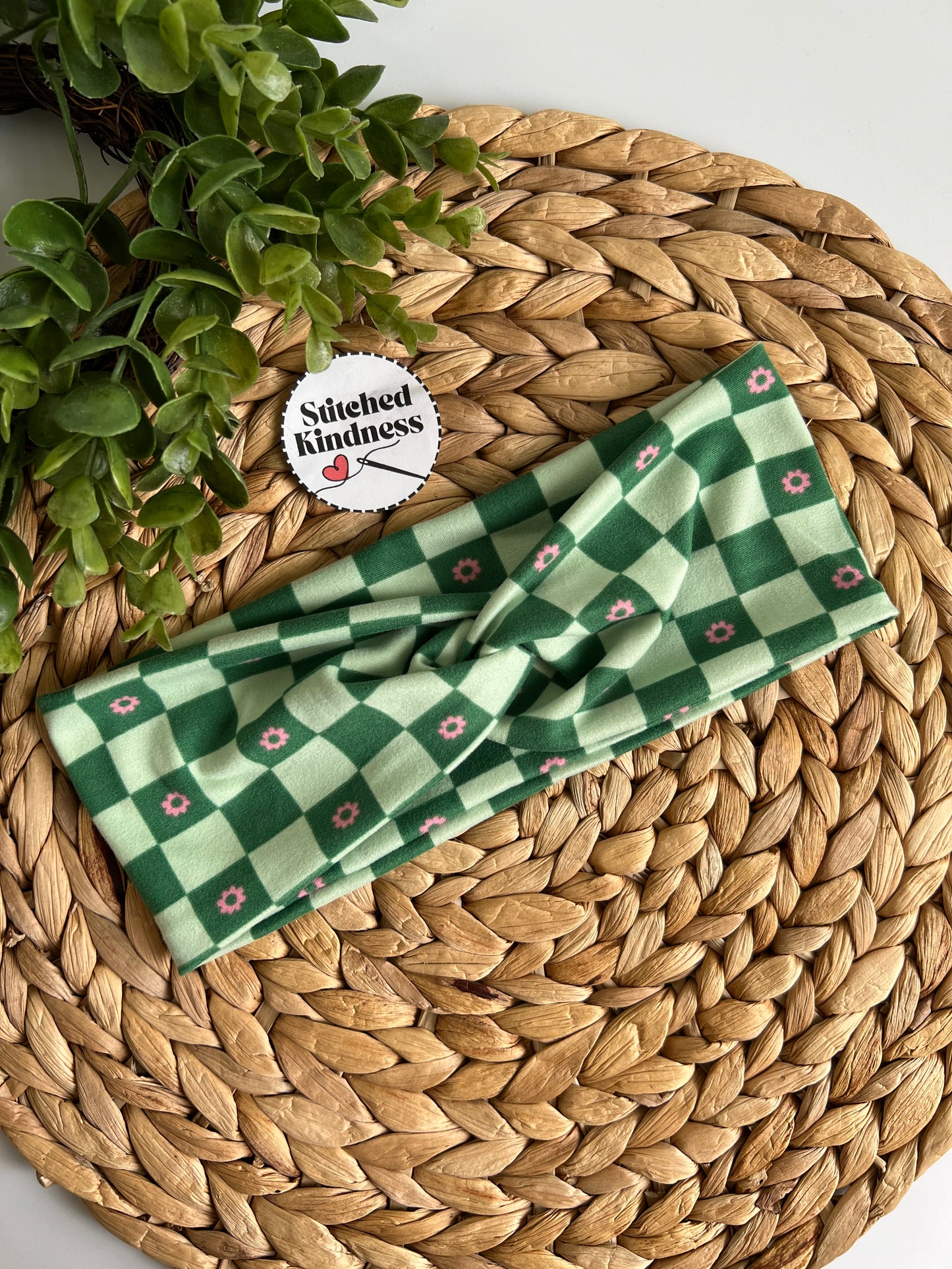 Green Checkered Turban Headband