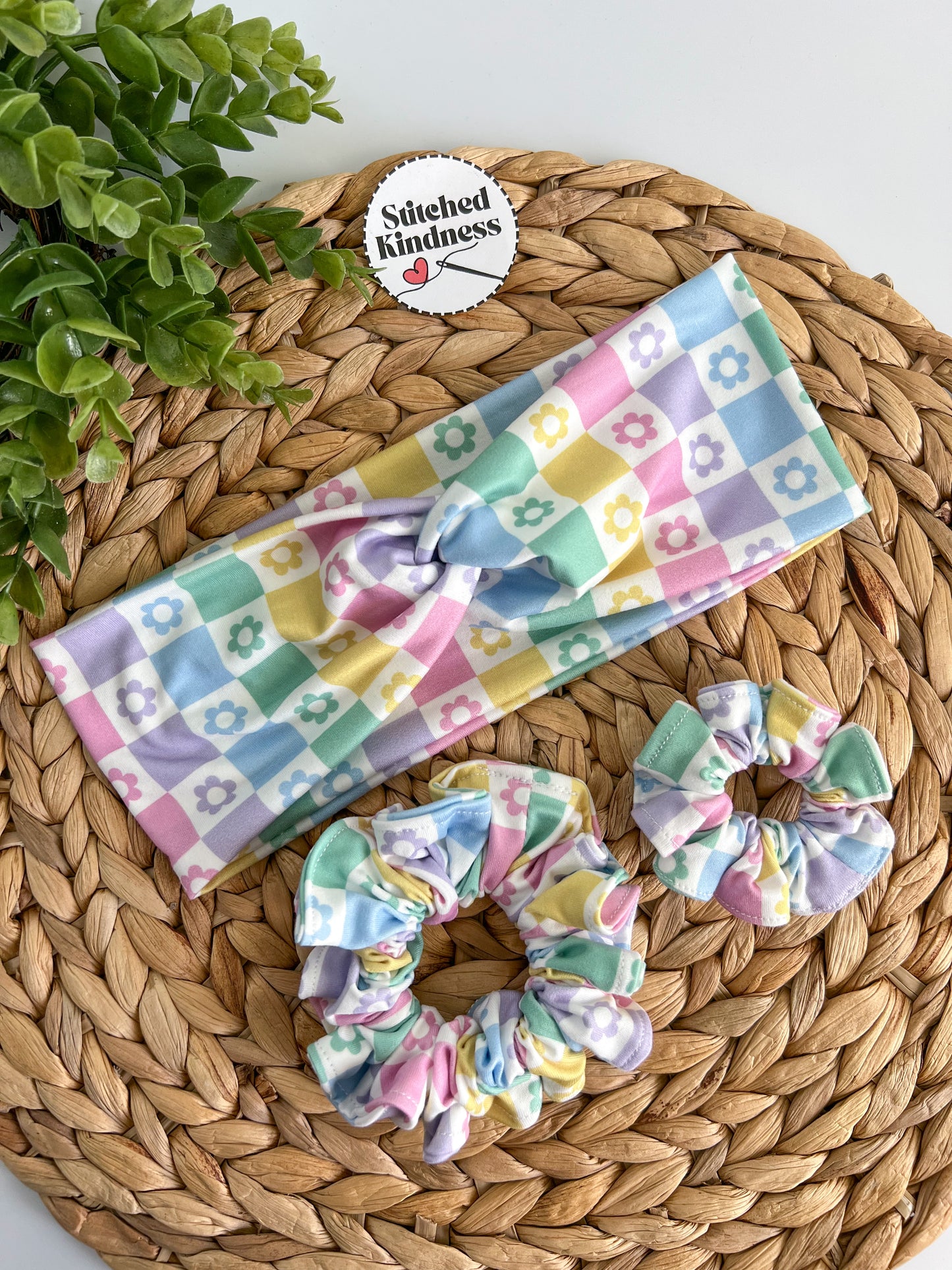 Rainbow Checkered Floral Turban Headband
