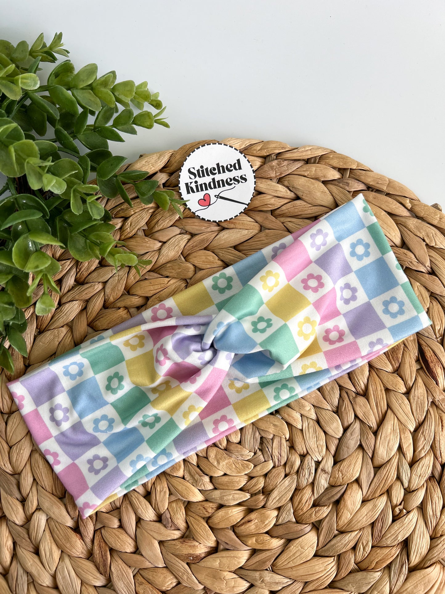 Rainbow Checkered Floral Turban Headband