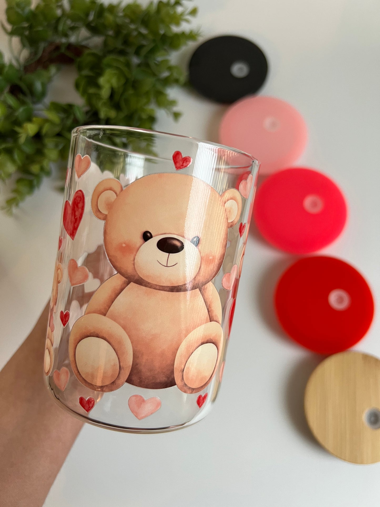 Valentines Mug 17 Ounce Clear and Frosted Circular Glass Mugs with Colored Lids and Plastic Straw