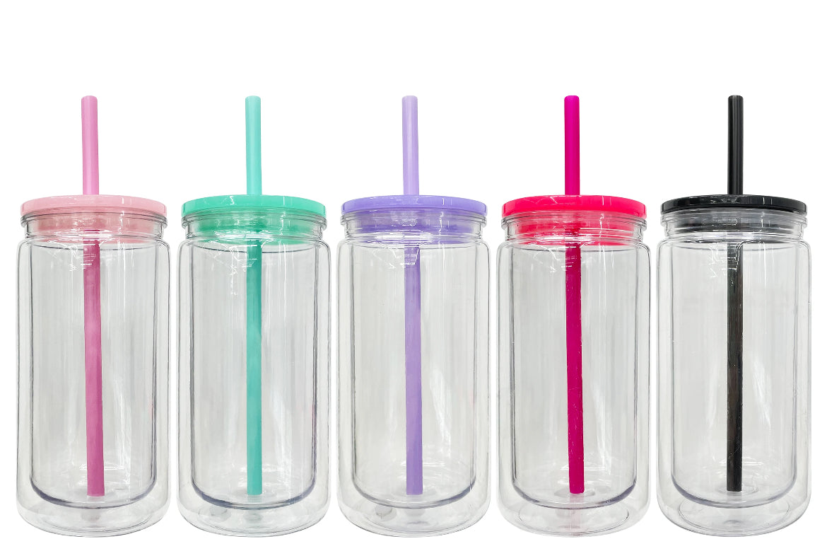 12 Ounce Pre Drilled Clear Acrylic Cup with Colored Lids & Straws