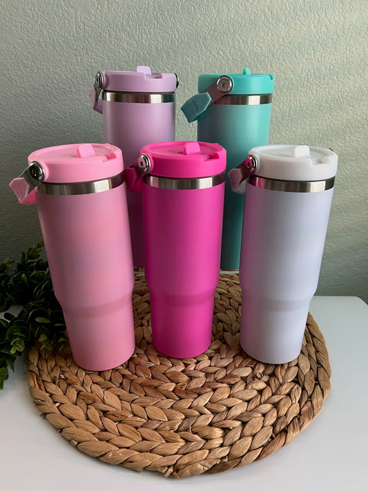 30 oz flip straw stainless steel tumbler with handle. Matte macaron colors. Sports tumbler. Choose design during the live on tiktok